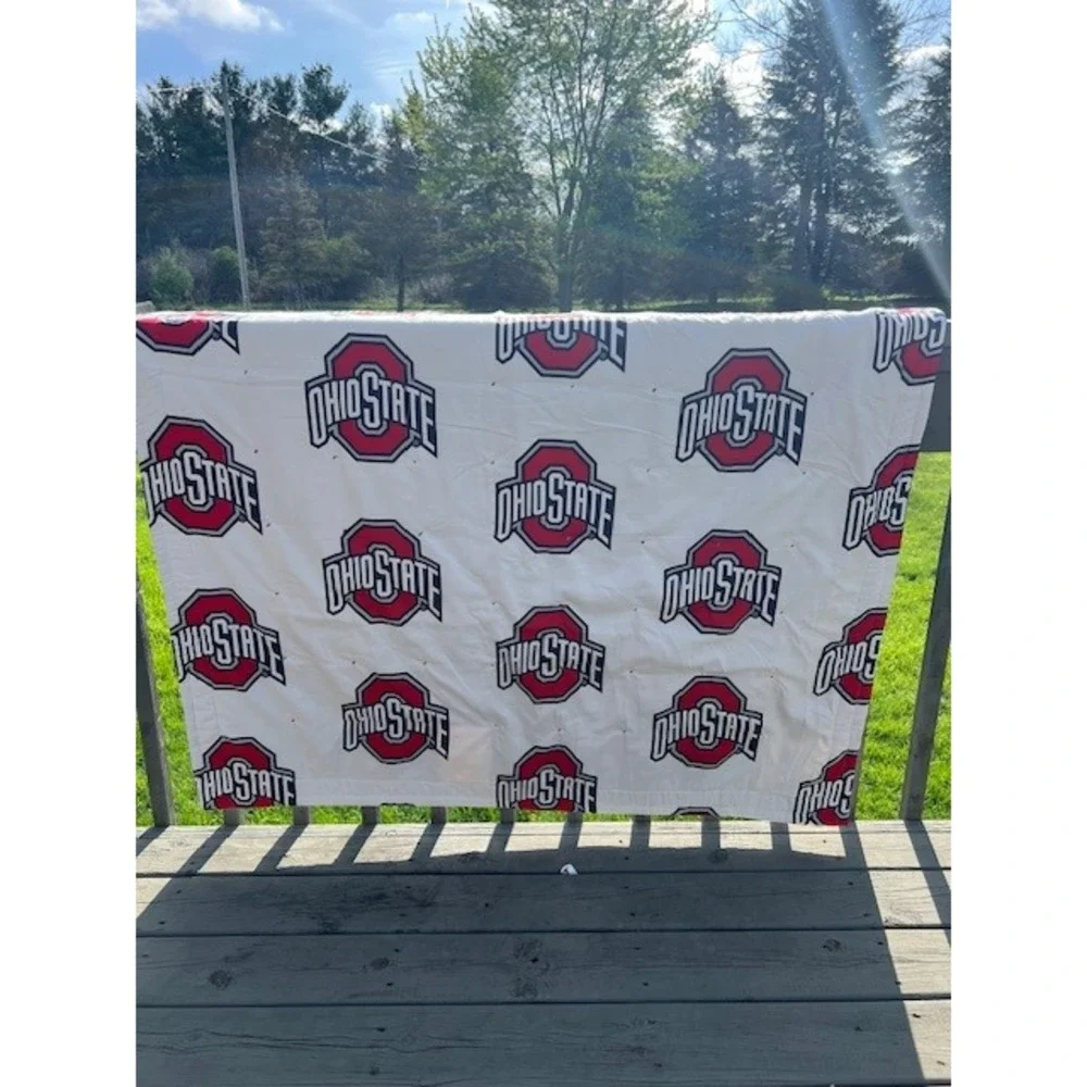 Handmade Ohio State Buckeyes Reversible Denim Patchwork Quilt Tied Throw Blanket
